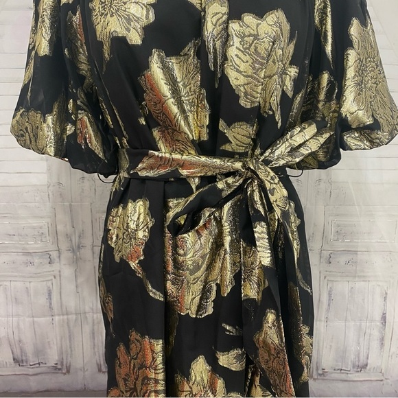 Alex Marie Black Gold Mock Neck Puff Sleeve Midi Dress Belted Pockets Cocktail - Picture 4 of 16